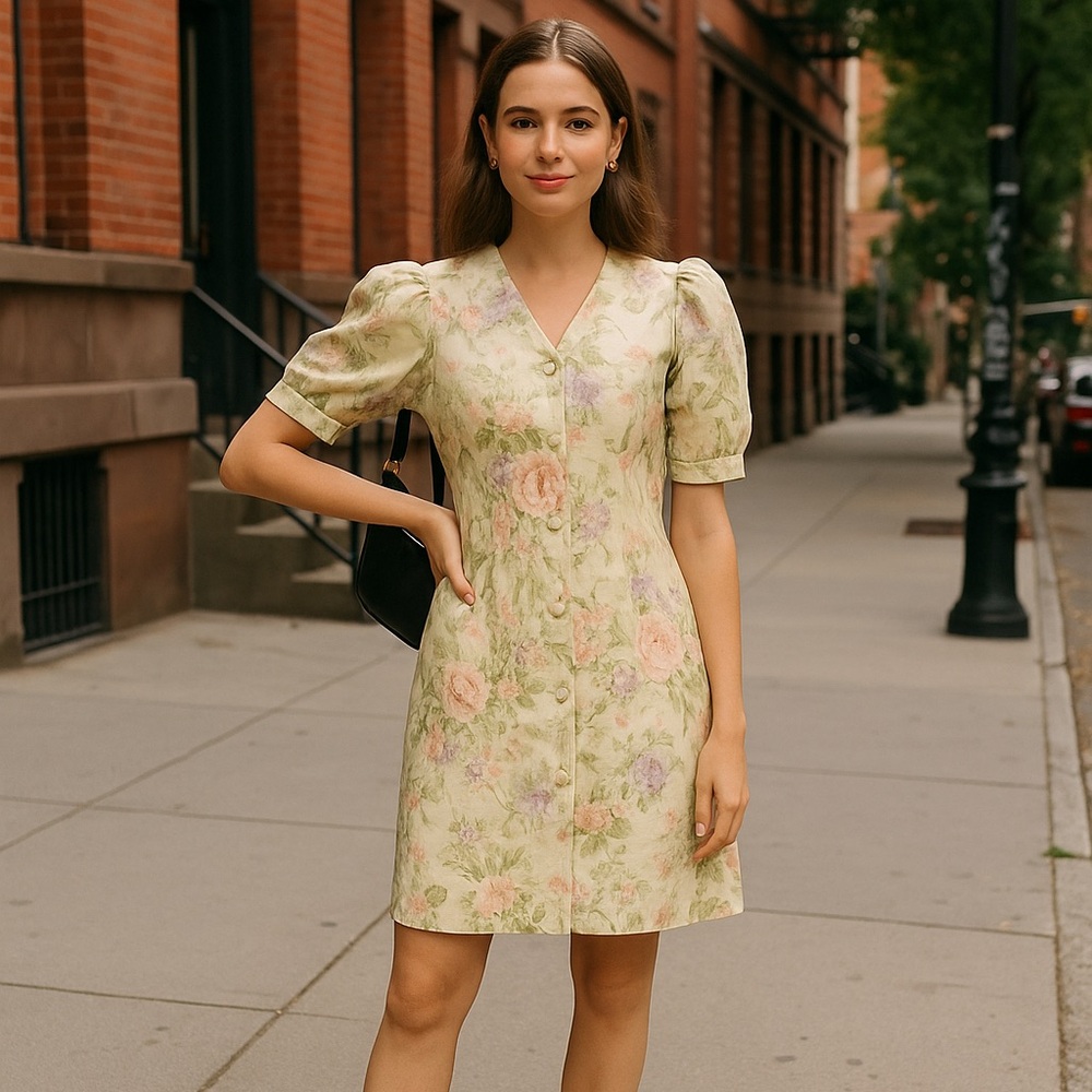 vintage caroline wells floral pearl puff sleeves dress y2k august sale